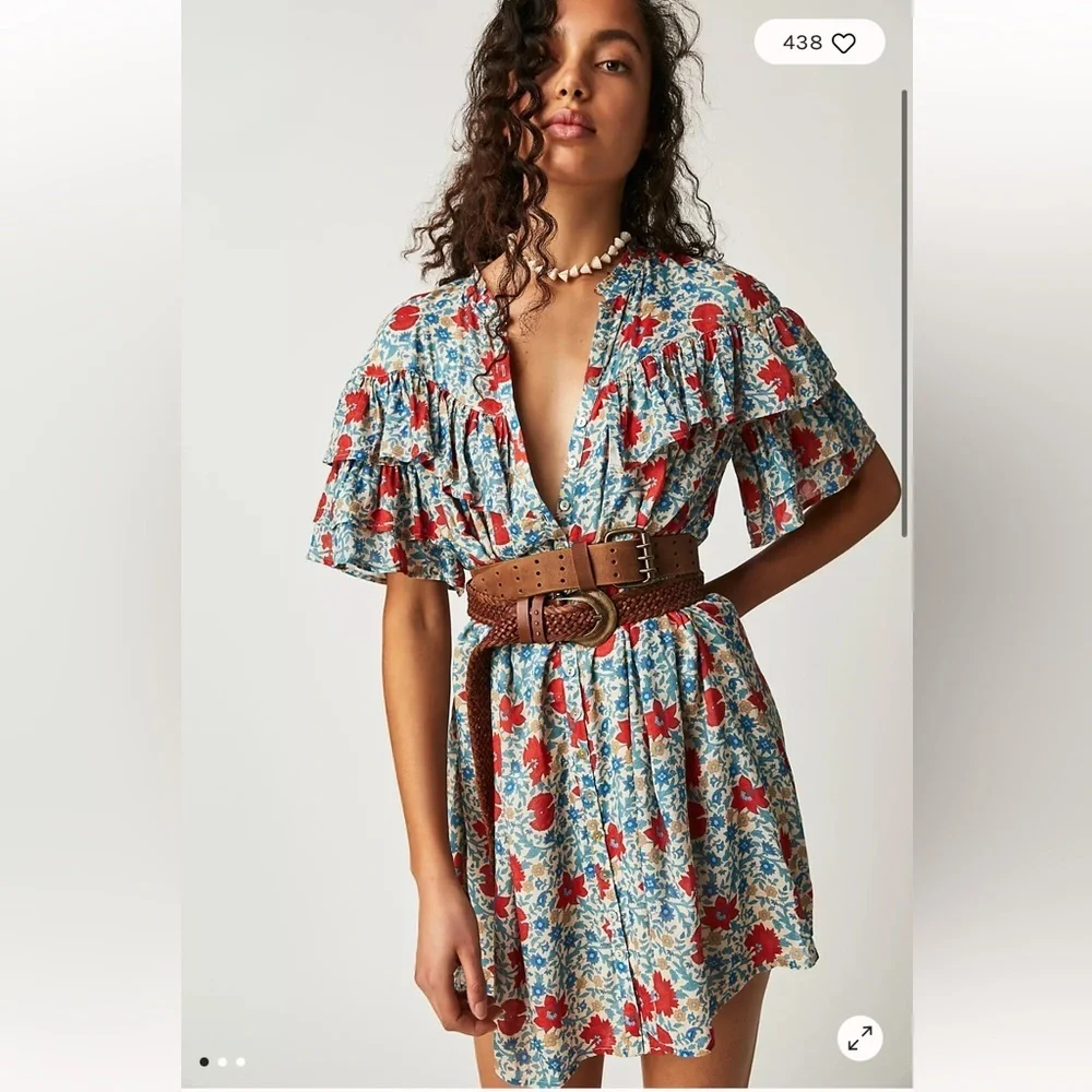 Spell Dress Village Mini Ruffle in Sky Blue Red Floral